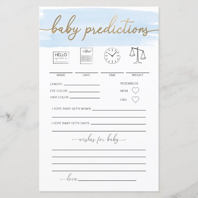 Blue Watercolour Baby Predictions Game (Front)