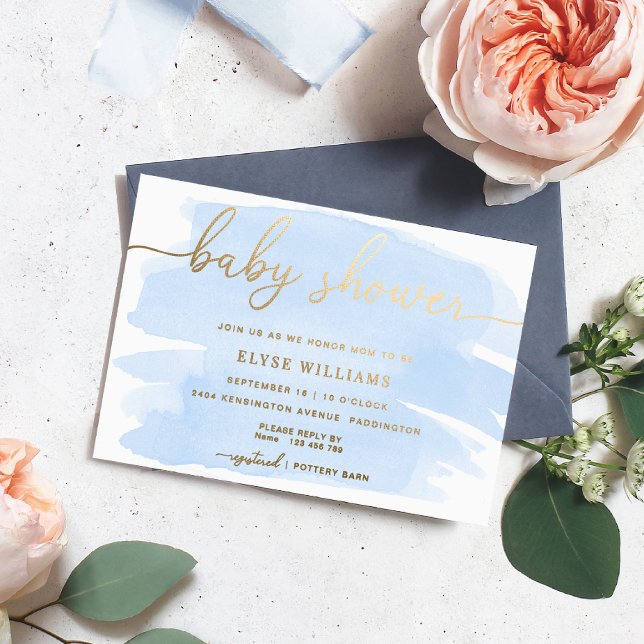 Blue Watercolour Baby Shower Foil Invitation (Creator Uploaded)