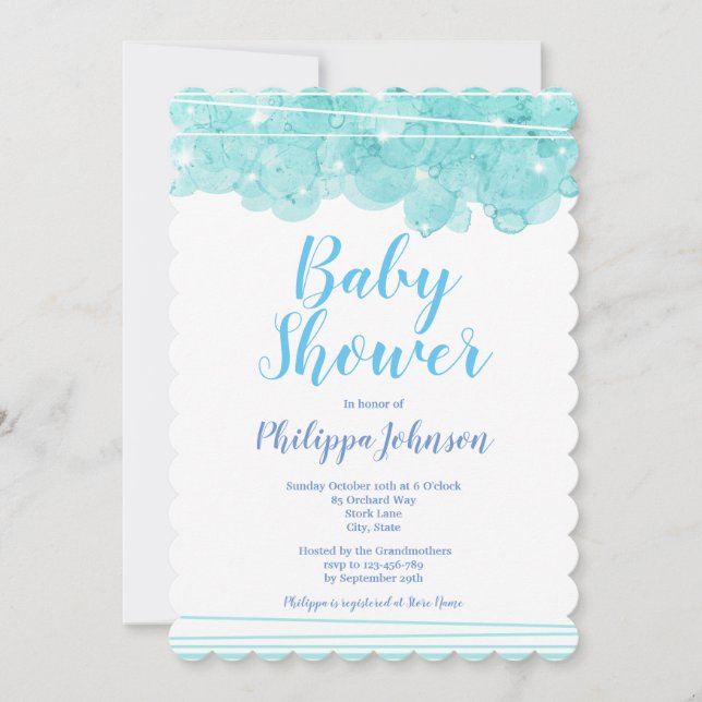 Blue Watercolour Bubbles Baby Shower  Invitation (Front)