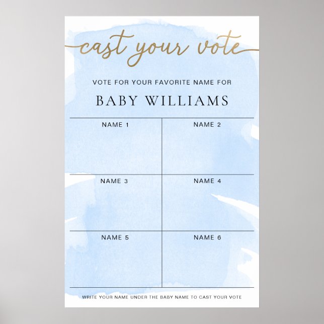 Blue Watercolour Cast Your Vote Baby Name Voting Poster (Front)