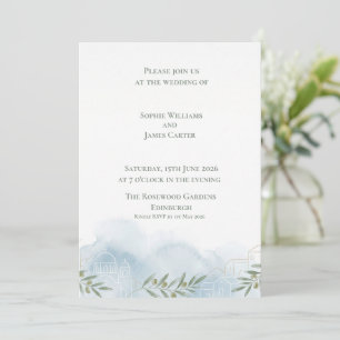 Blue Watercolour Chapel Scottish Wedding Invitation