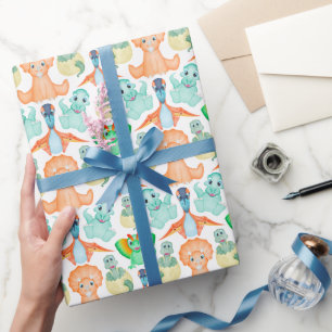 Blue Watercolour Dinosaur Birthday Baby Shower Wrapping Paper