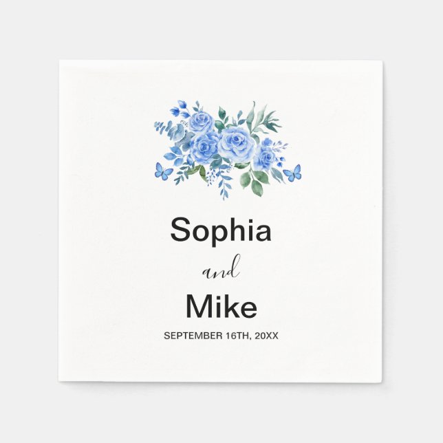 Blue Watercolour Floral and Butterflies Wedding Napkin (Front)