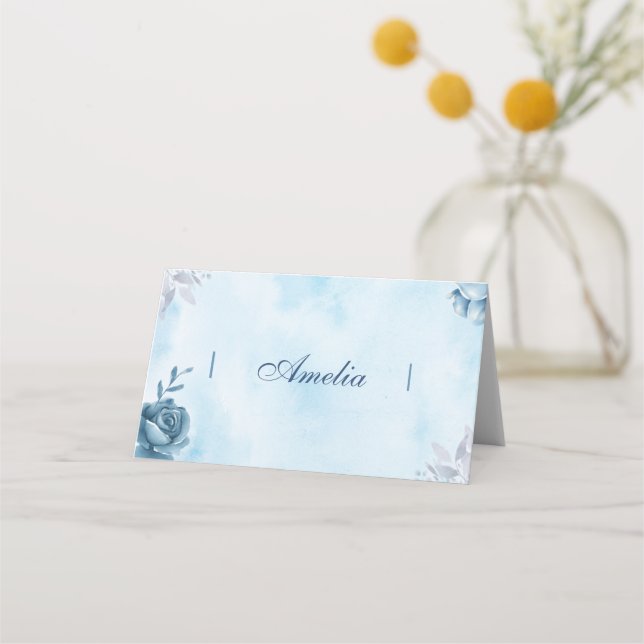 Blue Watercolour Floral Folded Place Card (Front)