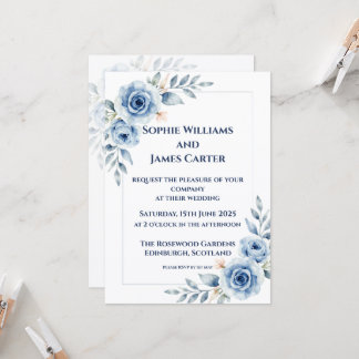 Blue Watercolour Floral Formal Wedding Invitation