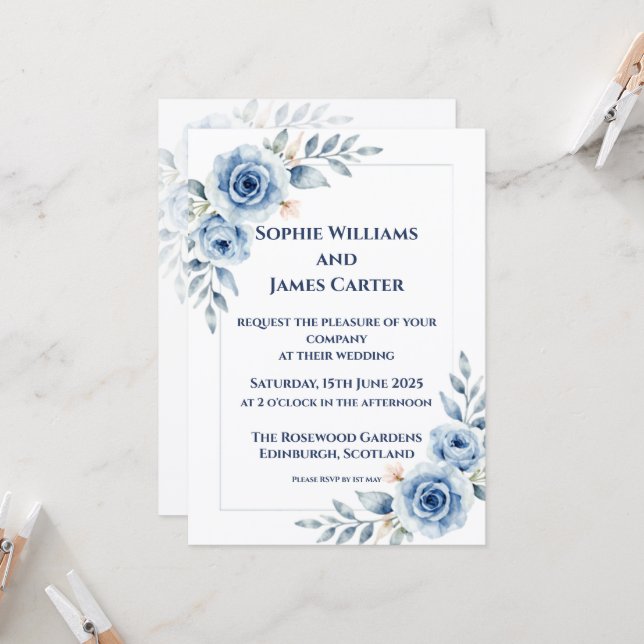 Blue Watercolour Floral Formal Wedding Invitation (Front/Back In Situ)