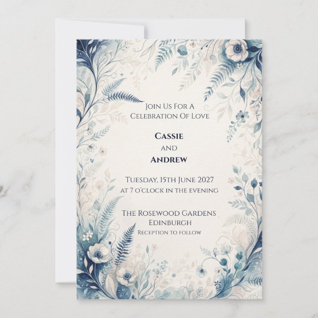 Blue Watercolour Floral Wedding Invitation (Front)