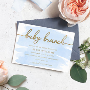 Blue Watercolour Gold Baby Brunch Invitation