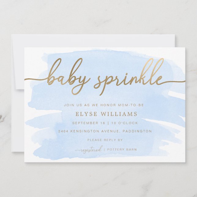 Blue Watercolour Gold Baby Sprinkle Invitation (Front)