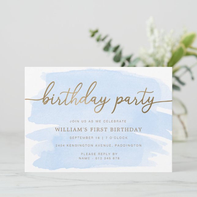 Blue Watercolour Gold Birthday Party Invitation (Standing Front)