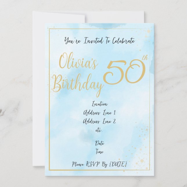 Blue Watercolour & Gold Border Birthday Invitation (Front)
