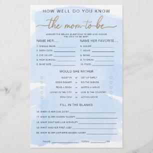 Blue Watercolour Gold Know The Mum-to-be Game