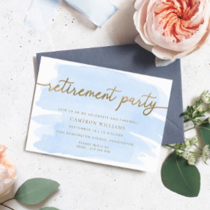 Blue Watercolour Gold Retirement Party Invitation