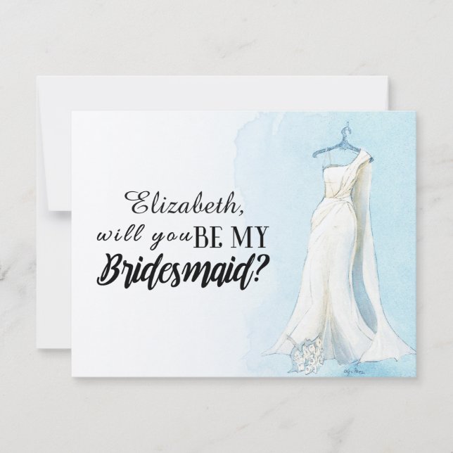 Blue Watercolour Gown  "Will you be my bridesmaid" Invitation (Front)