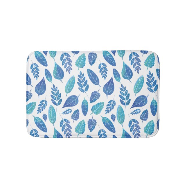 Blue Watercolour Leaves Pattern Bath Mat (Front)
