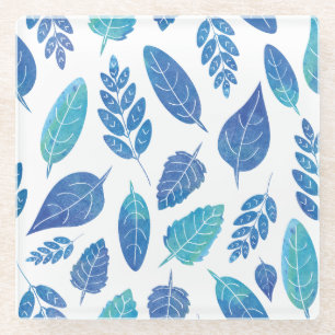 Blue Watercolour Leaves Pattern Glass Coaster