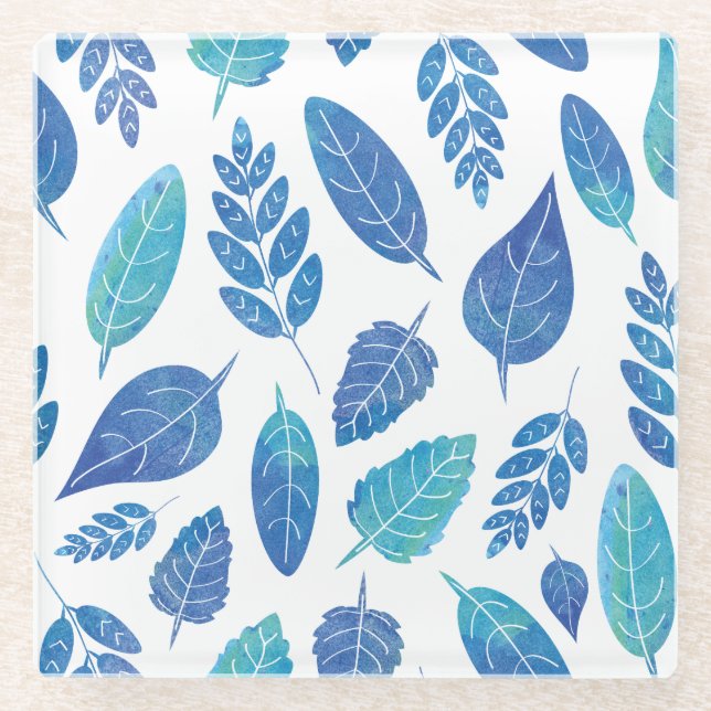 Blue Watercolour Leaves Pattern Glass Coaster (Front)