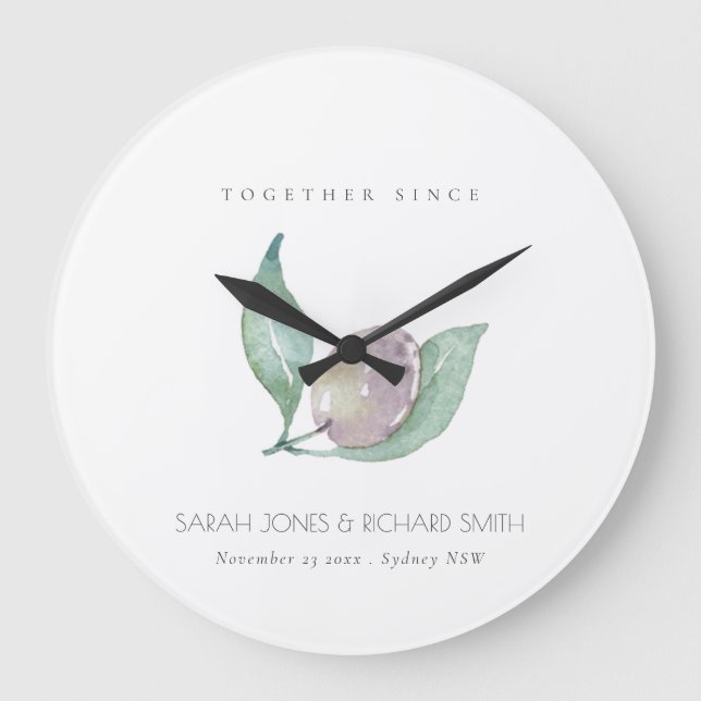 BLUE WATERCOLOUR OLIVE SAVE THE DATE WEDDING GIFT LARGE CLOCK (Front)