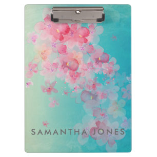 Blue Watercolour Paint Pink Pastel Flowers Clipboard