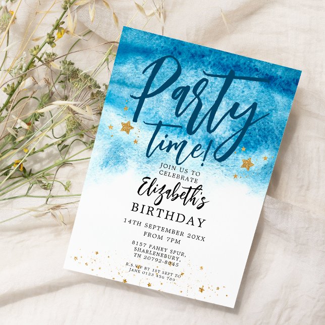 Blue Watercolour Party Time Birthday  Invitation (Creator Uploaded)