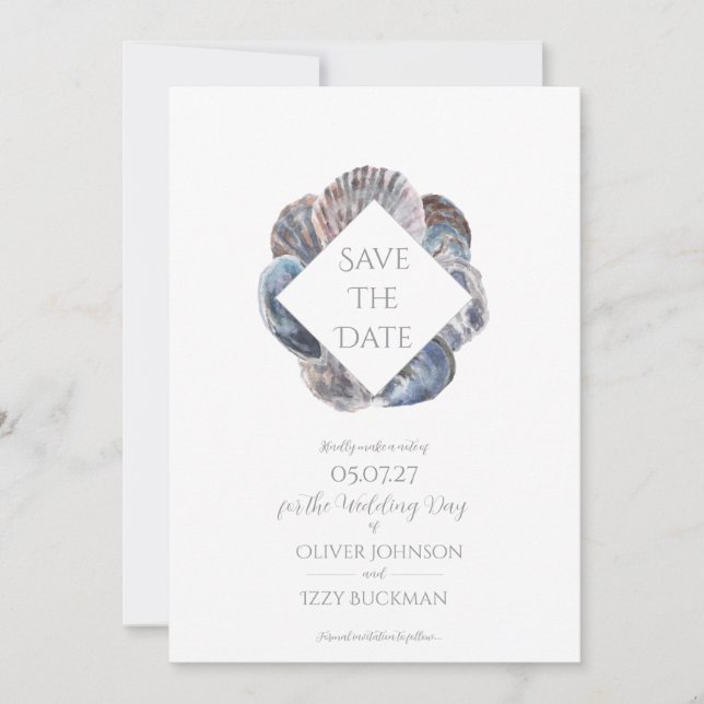 Blue Watercolour Sea Shell Save the Date Flat Card (Front)
