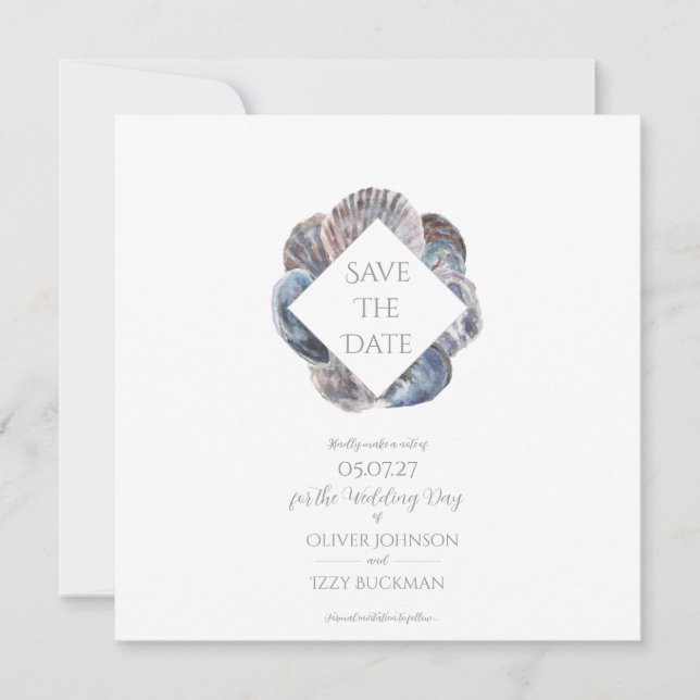 Blue Watercolour Sea Shell Save the Date Flat Card (Front)