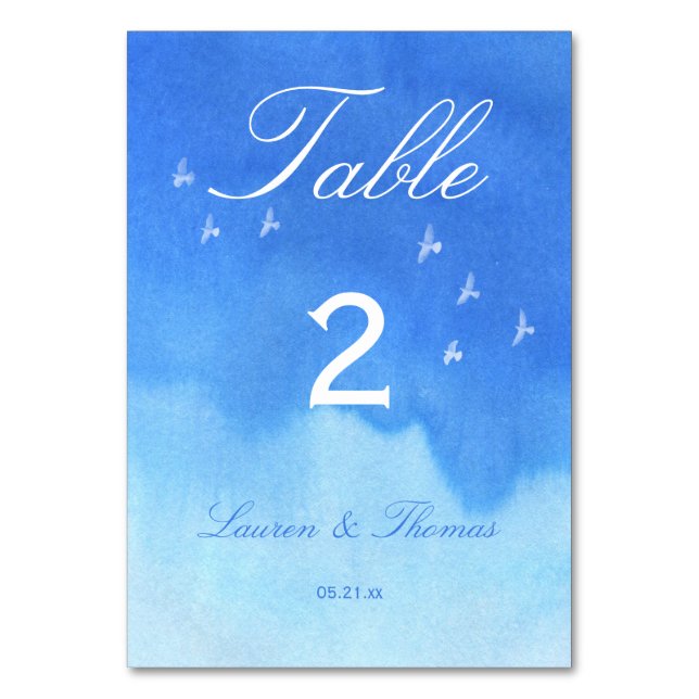 Blue Watercolour Sky and Doves Wedding Table Number (Front)