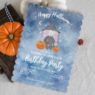 Blue Watercolour Witch Halloween Birthday Party Invitation