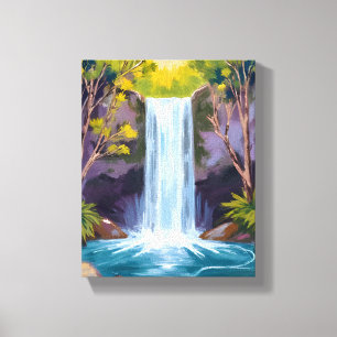 Blue Waterfall Forest Landscape Nature Painting Canvas Print