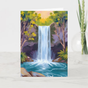 Blue Waterfall   Forest Landscape Nature Painting Card