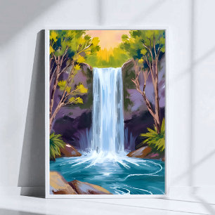 Blue Waterfall   Forest Landscape Nature Painting Poster