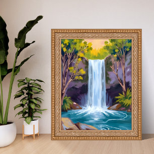 Blue Waterfall   Forest Landscape Nature Painting Poster