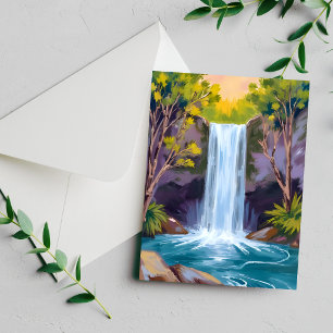 Blue Waterfall   Forest Landscape Painting Card