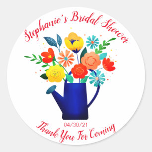 Blue Watering Pot Yellow Red Flower Bridal Shower Classic Round Sticker