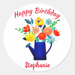 Blue Watering Pot Yellow Red Flower Happy Birthday Classic Round Sticker