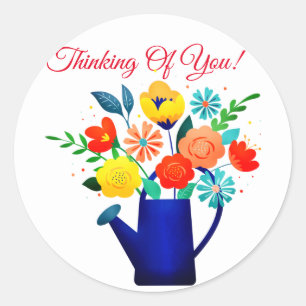 Blue Watering Pot & Yellow Red Flowers Classic Round Sticker