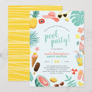 Blue   Watermelon Pineapple Tropical Pool Party Invitation