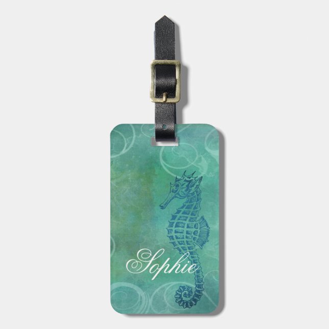 Blue Waters, Seahorse and Flourish Luggage Tag (Front Vertical)