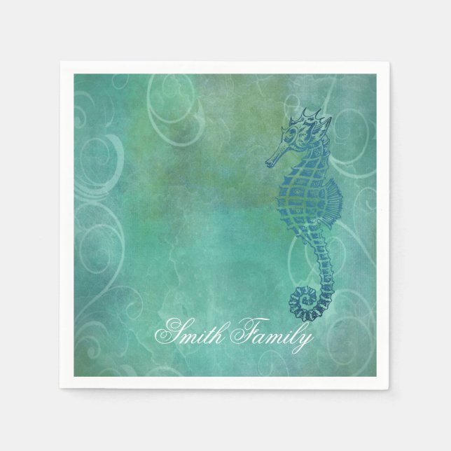 Blue Waters, Seahorse and Flourish Napkin (Front)