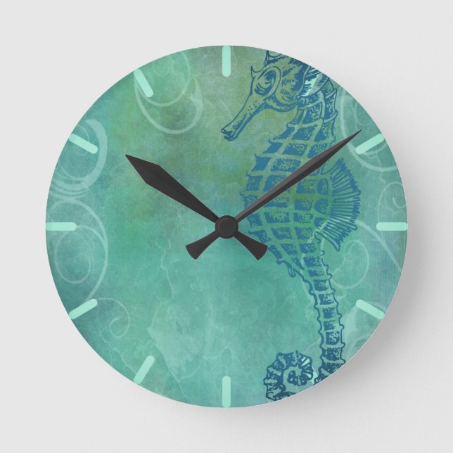 Blue Waters, Seahorse and Flourish Round Clock (Front)