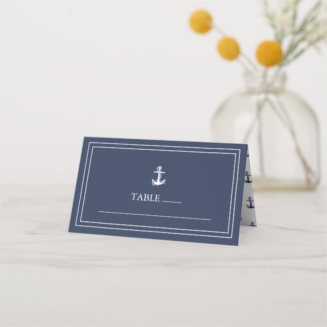 Blue Wave Anchor Pattern Wedding Wht/Navy ID836 Place Card (Front)