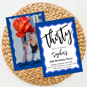 Blue Wave Curve Modern Script 30th Birthday Party Invitation