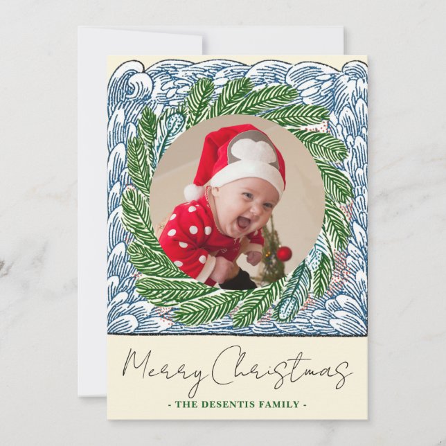 Blue Wave Evergreen Frame One Photo Christmas Holiday Card (Front)