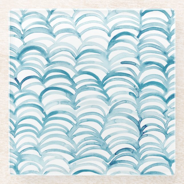 Blue Wave Japanese Style PatternIllustration Glass Coaster (Front)
