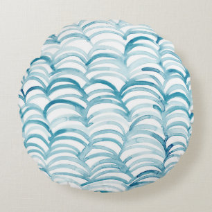 Blue Wave Japanese Style PatternIllustration Round Cushion