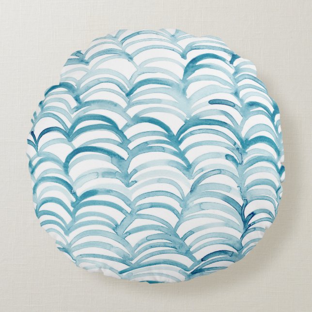Blue Wave Japanese Style PatternIllustration Round Cushion (Front)