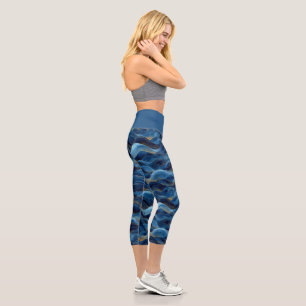 Blue Wave Pattern Stylish Yoga Activewear Capri Leggings