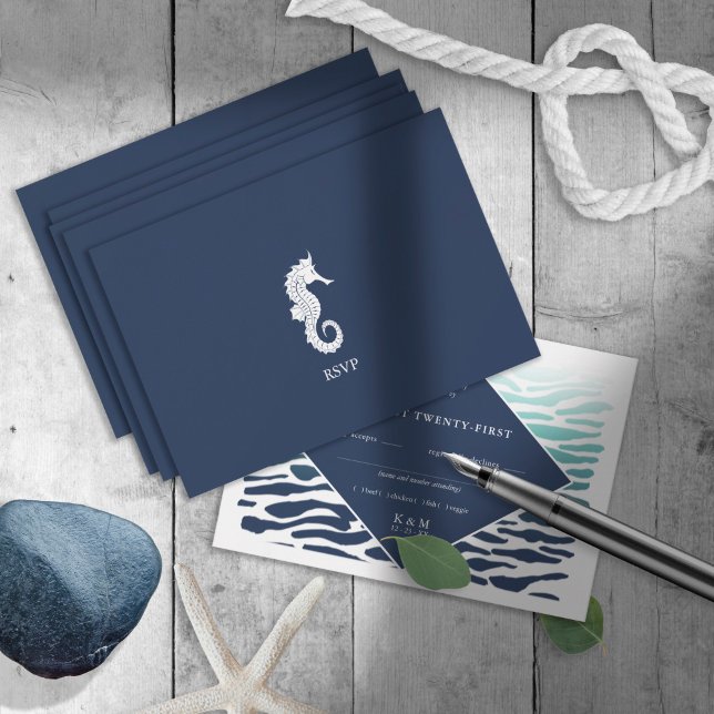 Blue Wave Seahorse Wedding ID836 RSVP Card (Creator Uploaded)