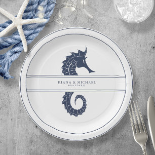 Blue Wave Seahorse Wedding Navy/Wht ID836 Paper Plate