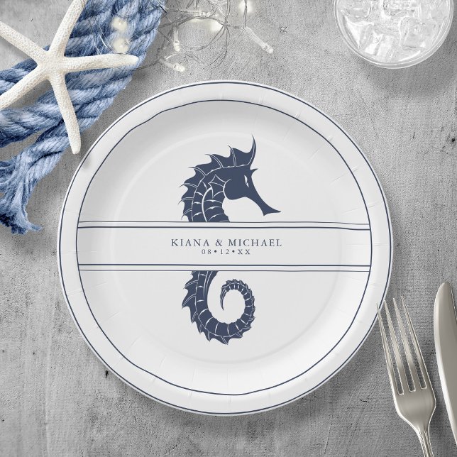 Blue Wave Seahorse Wedding Navy/Wht ID836 Paper Plate (Creator Uploaded)